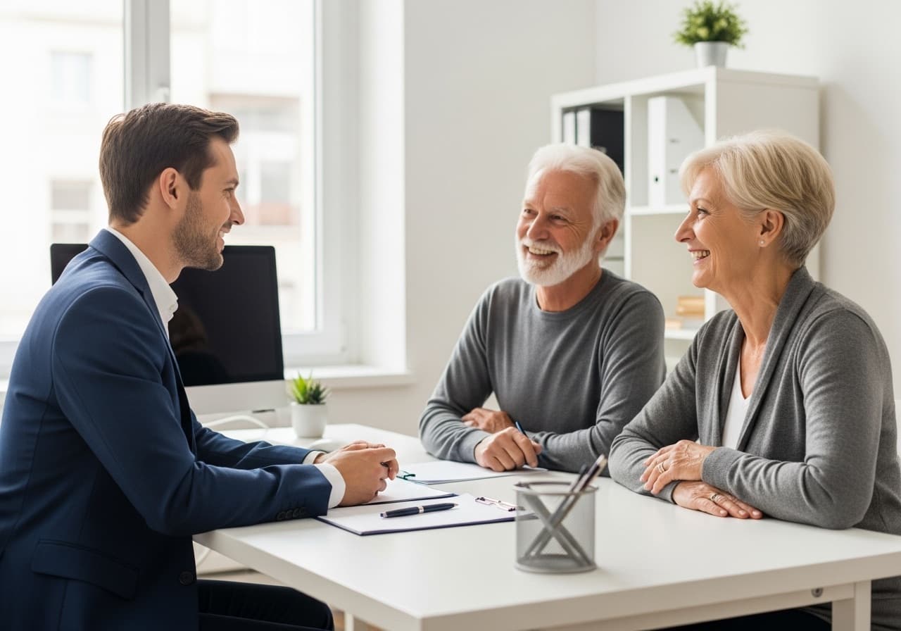 Un conseiller Partner Assurances accompagne un couple de seniors dans son bureau