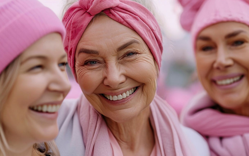 Trois femmes seniors et une jeune fille portant des vêtements roses pour soutenir Octobre Rose